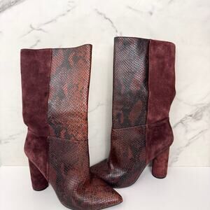 42 Gold Womens Kolby Heeled Boots Sz 8 Snake Print Suede Winter Classic Mahogany